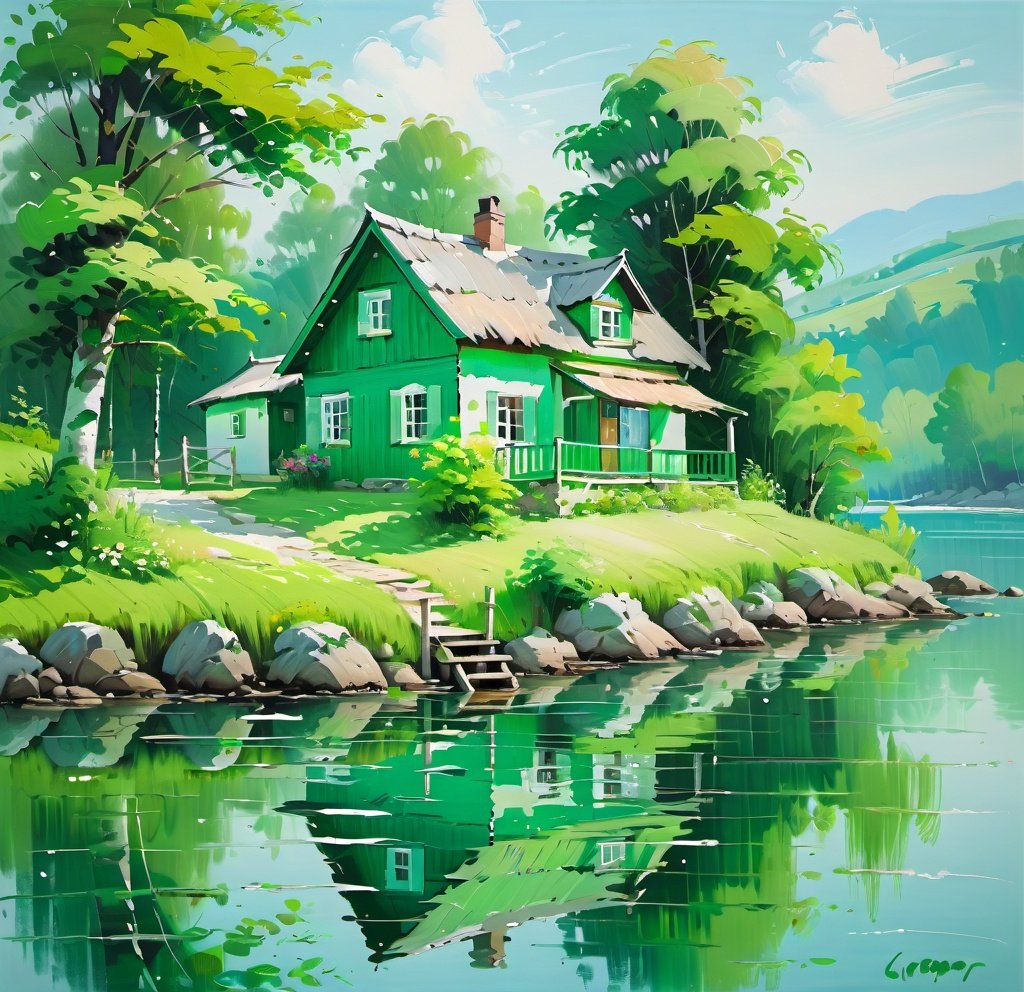 Prompt: Green summer cottage by wide clear water, clear sky, summer scenery, painting, subtle brush strokes, 