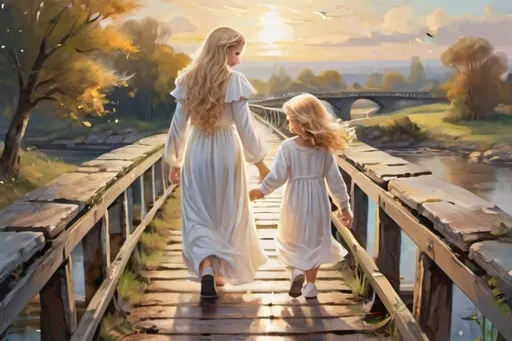 Prompt: Guardian angel, blonde long curly hair , long white gown walking next to two children on a broken bridge, child boy dressed in jeans and white sweater, child girl dressed in a dress, children hold each others hands, scenery backround, painting, soft brush strokes 