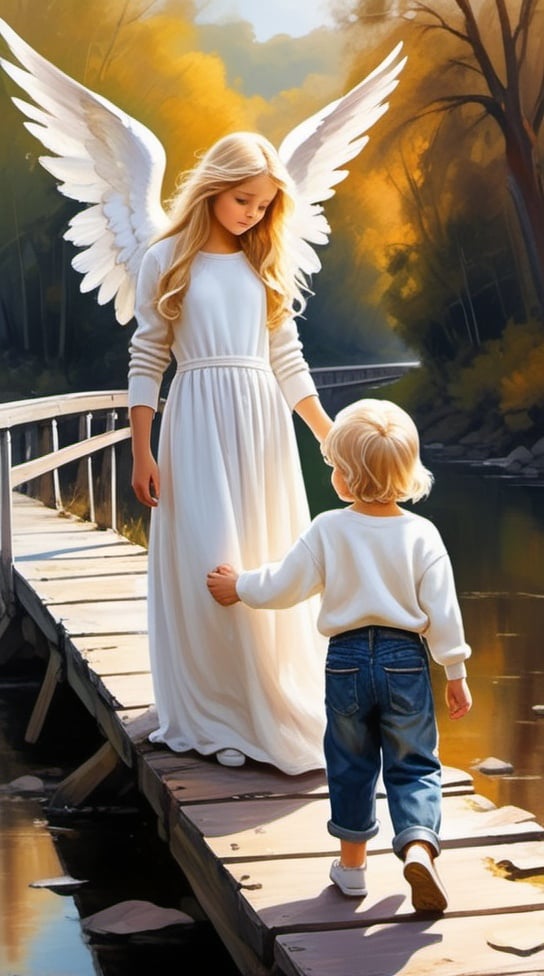 Prompt: Guardian angel, blonde long hair , long white gown standing on a broken bridge, child boy dressed in jeans, sweater and a cap, child girl dressed in a dress, children holding hands, scenery backround, painting, soft brush strokes 