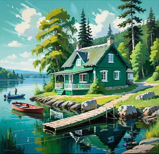 Prompt: Dark Green one-storey summer cottage by blue lake, clear blue sky, summer scenery, painting, subtle brush strokes, a dock with boat, fisherman on a rock