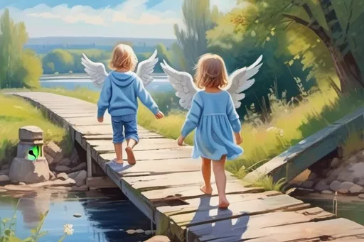 Prompt: Two children walking on a broken bridge with a guardian angel, child boy dressed in jeans and blue sweater and child girl in a light blue dress, summer scenery backround, painting, soft brush strokes 