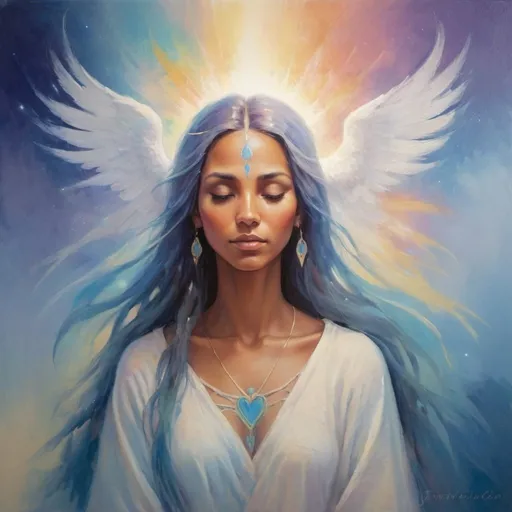 Prompt: Spirit guide , facing backwards , magical, love, gentle guidance, painting, soft brush strokes , soft light