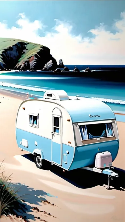 Prompt: Large caravan, painting, caravan life, pastel colours, light blue, beach