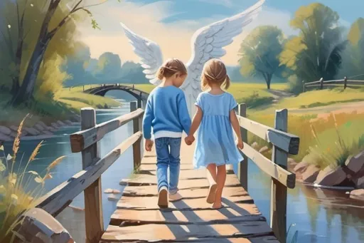 Prompt: Two children walking on a broken bridge, child boy dressed in jeans and blue sweater and child girl in a light blue dress, next to them walking a guardian angel, summer scenery backround, painting, soft brush strokes 