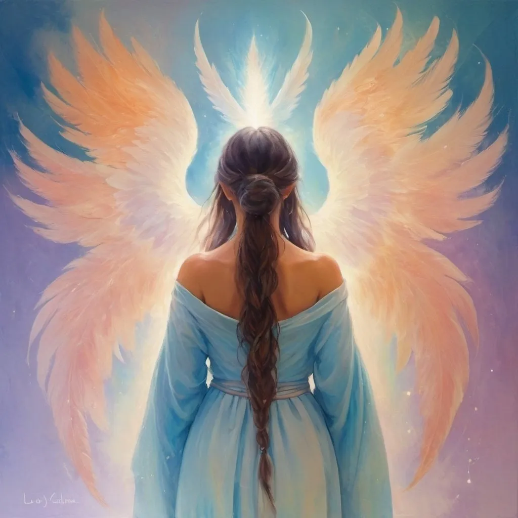 Prompt: Spirit guide , facing backwards , magical, love, gentle guidance, painting, soft brush strokes , soft light