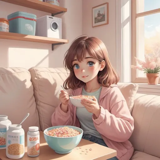 Prompt: anime-style illustration of a girl eating cereal, corner sofa, laundry pile,cozy atmosphere, soft pastel tones, detailed eyes, high quality, cozy, sunny, pastel tones, detailed, cozy lighting