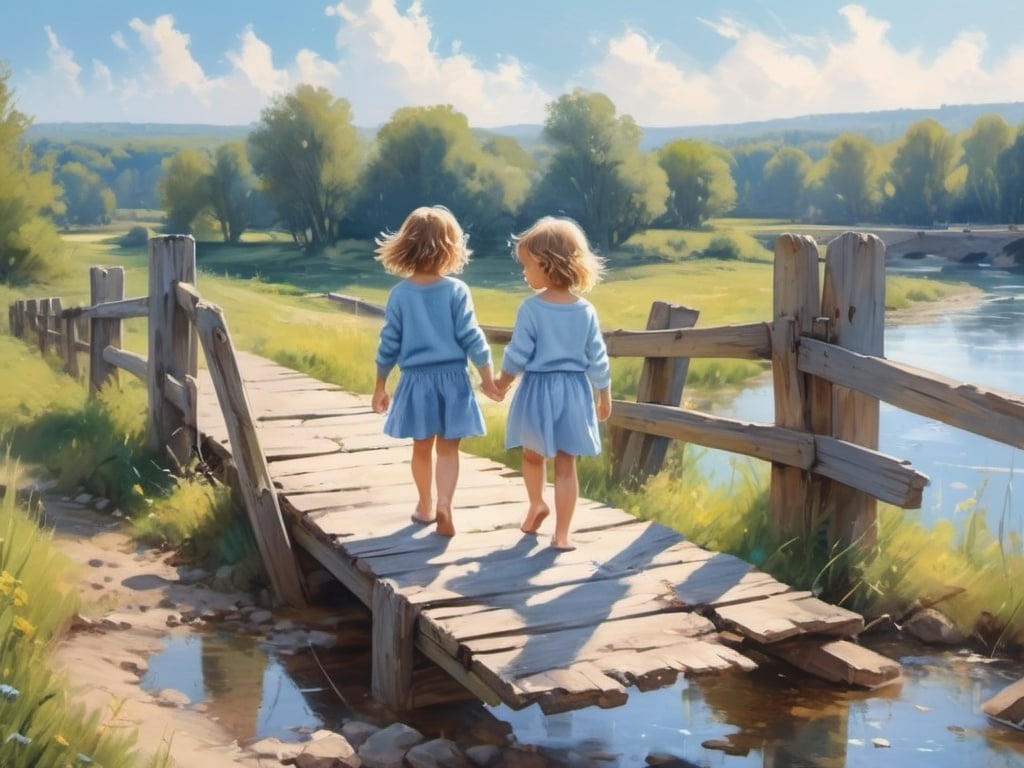 Prompt: Two children walking on a broken bridge, child boy dressed in jeans and blue sweater and child girl in a light blue dress, next to them walking a guardian angel, summer scenery backround, painting, soft brush strokes