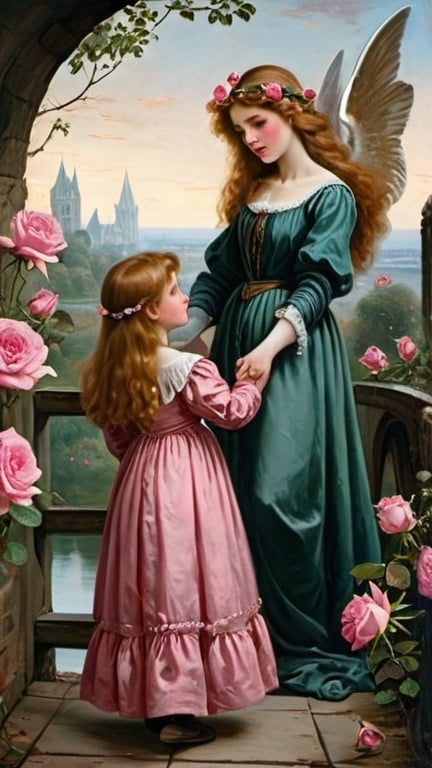 Prompt: a painting of a woman and two children on a bridge with roses around them and a sky background with pink roses, Arthur Hughes, magical realism, angelic, a storybook illustration