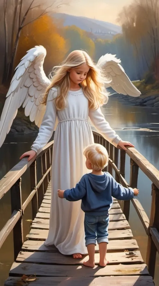 Prompt: Guardian angel, blonde long hair , long white gown standing on a broken bridge, child boy dressed in jeans, sweater and a cap, child girl dressed in a dress, children holding hands, scenery backround, painting, soft brush strokes 