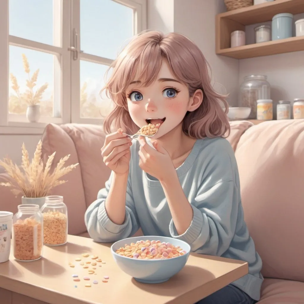 Prompt: anime-style illustration of a girl eating cereal, corner sofa, laundry pile,cozy atmosphere, soft pastel tones, detailed eyes, high quality, cozy, sunny, pastel tones, detailed, cozy lighting