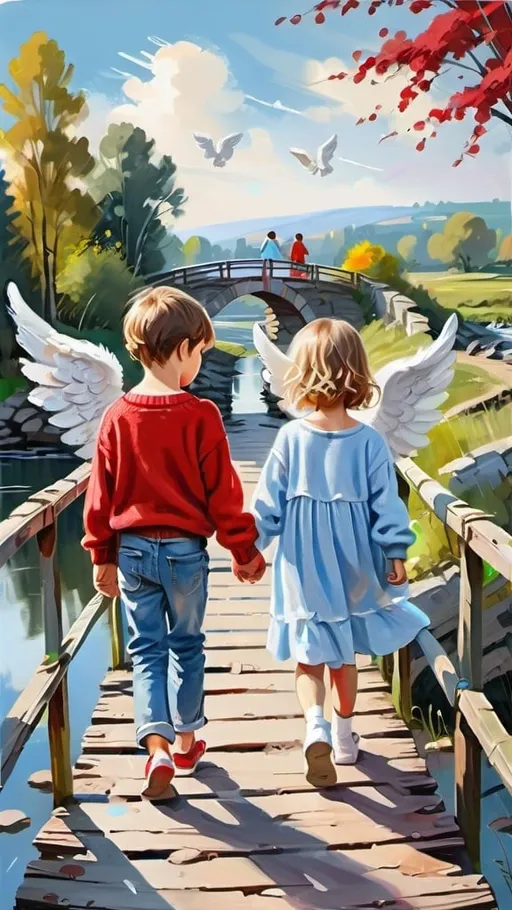 Prompt: Two children walking on a broken bridge, child boy dressed in jeans and red sweater and child girl in a light blue dress, next to them walking a guardian angel, summer scenery backround, painting, soft brush strokes