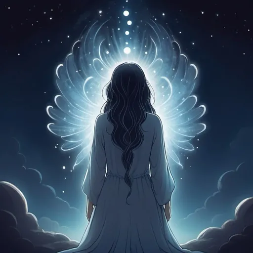 Prompt: Spirit guide , from below, back side, magical, love, gentle guidance, cartoon, soft light, night time
