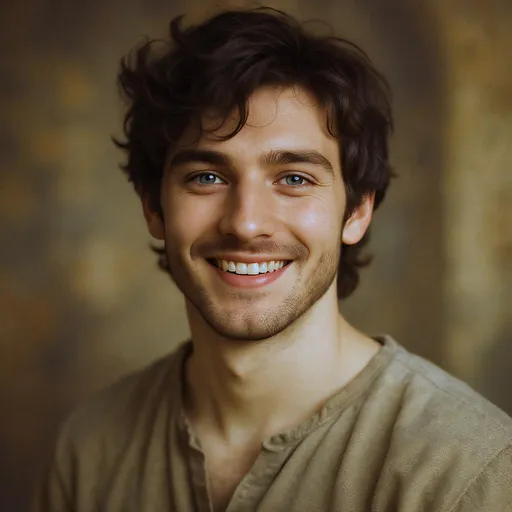 Prompt: With a warm and inviting smile, a young man with tousled dark hair and striking blue eyes captivates the viewer, exuding a sense of approachability and charm. He is dressed in a soft, earthy-toned garment, suggesting a casual yet thoughtful style, perhaps reflecting a rustic or historical theme. The background is a muted blur of warm tones that enhances the subject's features, creating an intimate and focused composition. Soft lighting gently emphasizes his expressive features, adding a dreamy quality to the image. The overall mood conveys friendliness and warmth, evoking a sense of connection and openness.