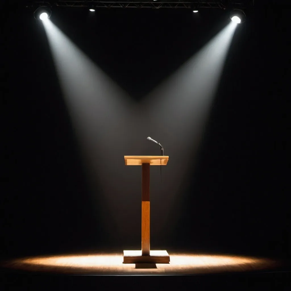 Prompt: one spotlight on a lecturn on a dark stage
