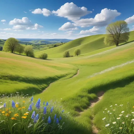 Prompt:  A peaceful meadow with rolling hills, lush green grass, and wildflowers scattered throughout. A bright blue sky with a few fluffy clouds completes the idyllic spring scene, evoking a sense of tranquility.