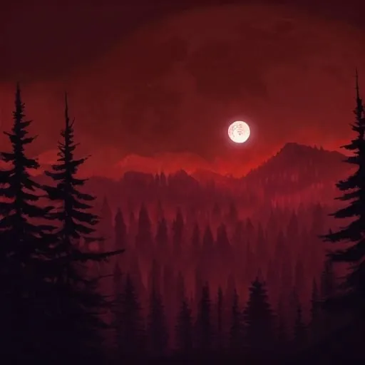 Prompt: Blood moon, black forest, red, night time, vast landscape