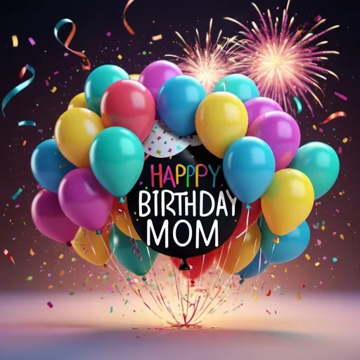 Prompt: (3D styling) “happy birthday MOM Rasamee”, vibrant balloons in a variety of colors, dazzling fireworks in the night sky, celebratory atmosphere, bright and cheerful ambiance, soft warm lighting highlighting the text, colorful confetti falling gently, colorful background with festive decorations, enchanting and joyful mood, ultra-detailed, high quality, 4K.