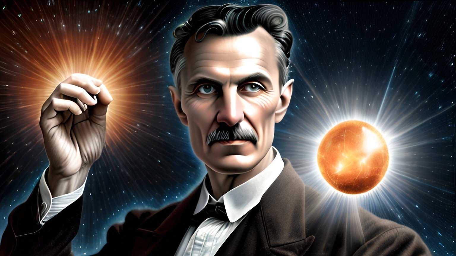 Prompt: Nikola Tesla holding the sun, realistic, universe in the background, detailed facial features, full color, high resolution, realism style, cosmic backdrop, intense lighting, scientific genius, intricate universe, vivid colors, professional artistry