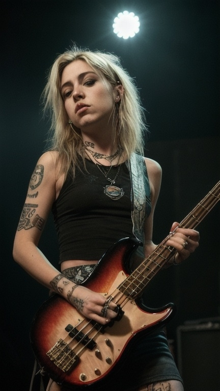 Prompt: female bass player in the band kitty fast, the best representative of 90s grunge rock,alt girl, a bit emo, photorealism, realistic photography