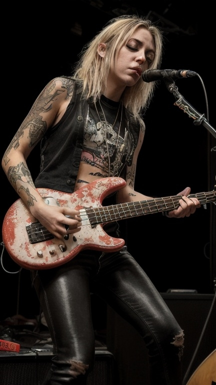 Prompt: female bass player in the band kitty fast, the best representative of 90s grunge rock,alt girl, a bit emo, photorealism, realistic photography