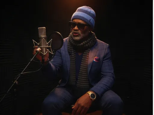 Prompt: @IManmc0YmeUsr1dlxPp8 is wearing a Navy blue stripped cashmere scarf wrapped around his neck, a navy blue v neck sweater underneath a navy blue custom fitted sports coatwith matching pants,  Abstract silk pocket square in left breast pocket gold rolex with black face on left wrist, thick black square dark tinted sunglasses a navy blue stripped fitted beanie cap snuggly fitted on head Sitting inside a blacked out vocal booth dimly lit 