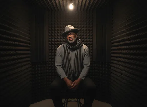 Prompt: @WOfFSNpcBkQuEtmelg3G is in a dimly lite vocal booth sitting on a black stool. Fedora hat tilted to the left , long sleeve gray vneck sweater, charcoal gray scarf around neck, thick black square frames glasses 