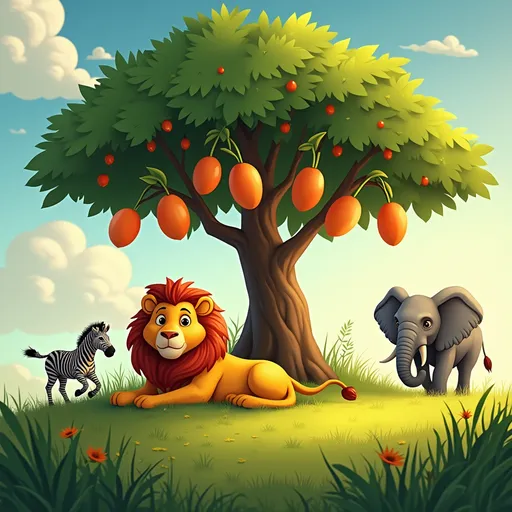 Prompt: Animate. sunlight bathes a lush green meadow. A large mango tree, heavy with ripe, orange mangoes, stands in the center. A lion in napping under the tree, his majestic mane glowing in the sun. A zebra gallops excitedly around the meadows, his tripes a blur. An Elephant is calmly munching on some tall grass nearby, her large ears flapping gently