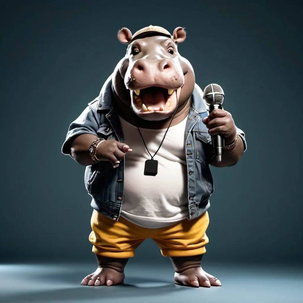 Prompt: A dark-skinned anthropomorphic hippo dressing hip-hop singer clothes, standing on its hind legs and holding a singer microphone in one hand, opening its mouth as if singing.