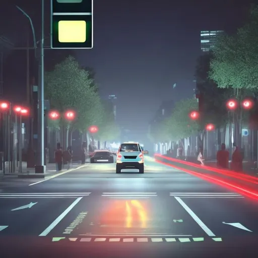 Prompt: pedestrian lights with a car and person 

