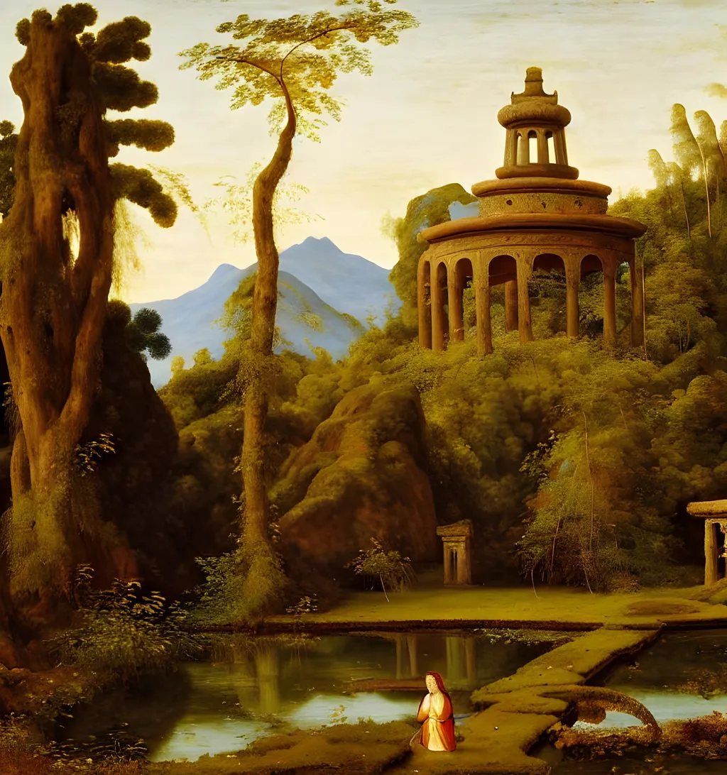 Prompt: a ruined overgrown temple on the pond island, landscape, painting by clérisseau, mongolian painting, ernst haeckel, georges lemmen, belmiro de almeida, mughal painting, andrea del sarto, quantum tracing, composition is covered with smallest distinct looping lines, interlaced, oxide texture, rust texture, ethereal hues, extremely finest linear surface texture, textured, hdr soft diffused light, sharp focus extremely detailed fantasy intricate 8k dynamic lighting fantastic view crisp quality orderly Meticulous intricate details.