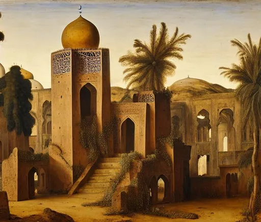 Prompt: ruined mosque, overgrown, landscape, painting by clérisseau, mongolian painting, ernst haeckel, georges lemmen, belmiro de almeida, mughal painting, andrea del castagno, quantum tracing, composition is covered with smallest distinct looping lines, interlaced, oxide texture, rust texture, ethereal hues, extremely finest linear surface texture, textured, hdr soft diffused light, sharp focus extremely detailed fantasy intricate 8k dynamic lighting fantastic view crisp quality orderly Meticulous intricate details.