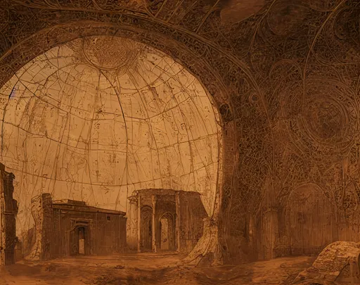 Prompt: ruined dome observatory landscape, vittore carpaccio, mongolian painting, ernst haeckel, georges lemmen, belmiro de almeida, mughal painting, mantegna, quantum tracing, composition is covered with smallest distinct looping lines, interlaced, low contrast, oxide texture, rust texture, ethereal hues, extremely finest linear surface texture, textured, hdr soft diffused light, sharp focus, extremely detailed fantasy intricate, 8k, dynamic lighting fantastic view, crisp quality, orderly Meticulous, intricate details, perfect quality, very best quality, smallest details, finest details, finest quality, 16 k.
