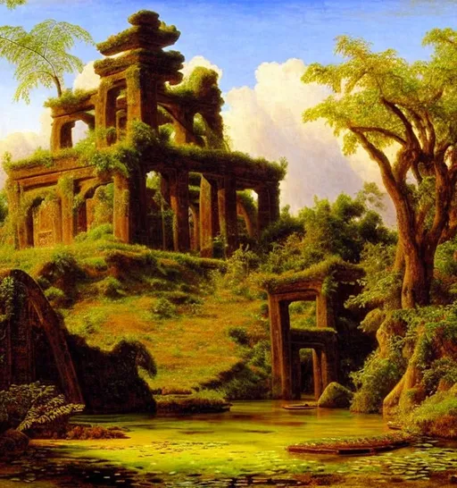 Prompt: a ruined temple on the pond island, landscape, painting by clérisseau, mongolian painting, ernst haeckel, georges lemmen, belmiro de almeida, mughal painting, michele tosini, quantum tracing, composition is covered with smallest distinct looping lines, interlaced, oxide texture, rust texture, ethereal hues, extremely finest linear surface texture, textured, hdr soft diffused light, sharp focus extremely detailed fantasy intricate 8k dynamic lighting fantastic view crisp quality orderly Meticulous intricate details.