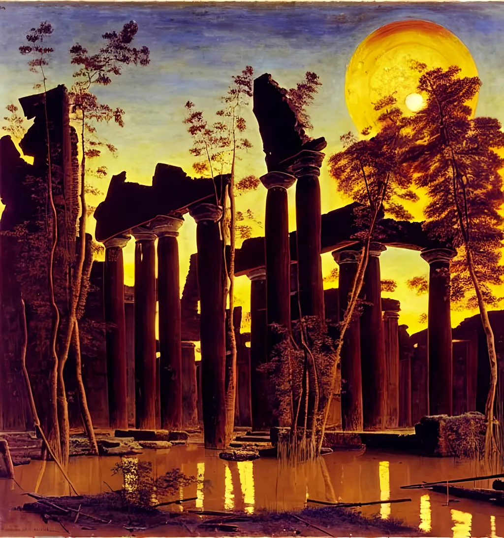 Prompt: a ruined temple among the reeds at night, landscape, painting by charles-louis clérisseau, mongolian painting, ernst haeckel, georges lemmen, belmiro de almeida, mughal painting, andrea del sarto, quantum tracing, composition is covered with smallest distinct looping lines, low contrast, interlaced, oxide texture, rust texture, ethereal hues, extremely finest linear surface texture, textured, hdr, soft diffused light, sharp focus, extremely detailed, fantasy intricate, 8k, dynamic lighting, fantastic view, crisp quality, orderly, Meticulous, intricate details, extremely finest smallest details, very best quality, super quality, hyper-finished.