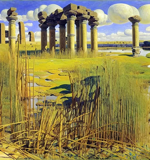 Prompt: a ruined temple among the reeds, landscape, painting by mikhail vrubel, victor brauner, low contrast, quantum tracing, composition is covered with smallest distinct looping lines, interlaced, oxide texture, rust texture, extremely finest linear surface texture, textured, hdr, soft diffused light, extremely detailed, fantasy intricate, 8k, dynamic lighting, fantastic view, crisp quality, orderly, Meticulous, intricate details, extremely finest smallest distinct details, very best quality, super quality, hyper-finished.