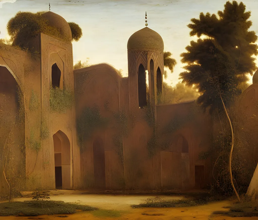 Prompt: ruined mosque, overgrown, landscape, painting by clérisseau, mongolian painting, ernst haeckel, georges lemmen, belmiro de almeida, mughal painting, andrea del castagno, quantum tracing, composition is covered with smallest distinct looping lines, interlaced, oxide texture, rust texture, ethereal hues, extremely finest linear surface texture, textured, hdr soft diffused light, sharp focus extremely detailed fantasy intricate 8k dynamic lighting fantastic view crisp quality orderly Meticulous intricate details.