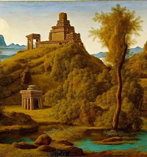 Prompt: a ruined temple on the pond island, landscape, painting by clérisseau, mongolian painting, ernst haeckel, georges lemmen, belmiro de almeida, mughal painting, agnolo bronzino, quantum tracing, composition is covered with smallest distinct looping lines, interlaced, oxide texture, rust texture, ethereal hues, extremely finest linear surface texture, textured, hdr soft diffused light, sharp focus extremely detailed fantasy intricate 8k dynamic lighting fantastic view crisp quality orderly Meticulous intricate details.