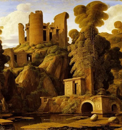 Prompt: a ruined temple on the pond island, landscape, painting by morandi, mongolian painting, ernst haeckel, georges lemmen, belmiro de almeida, mughal painting, andrea del castagno, quantum tracing, composition is covered with smallest distinct looping lines, interlaced, oxide texture, rust texture, ethereal hues, extremely finest linear surface texture, textured, hdr soft diffused light, sharp focus extremely detailed fantasy intricate 8k dynamic lighting fantastic view crisp quality orderly Meticulous intricate details.