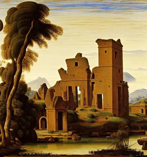 Prompt: a ruined temple on the pond island, landscape, painting by morandi, mongolian painting, ernst haeckel, georges lemmen, belmiro de almeida, mughal painting, andrea del castagno, quantum tracing, composition is covered with smallest distinct looping lines, interlaced, oxide texture, rust texture, ethereal hues, extremely finest linear surface texture, textured, hdr soft diffused light, sharp focus extremely detailed fantasy intricate 8k dynamic lighting fantastic view crisp quality orderly Meticulous intricate details.