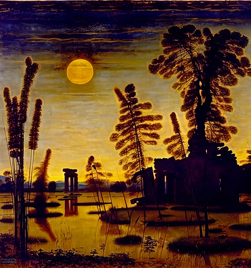 Prompt: a ruined temple among the reeds at night, landscape, painting by clérisseau, mongolian painting, ernst haeckel, georges lemmen, belmiro de almeida, mughal painting, andrea del sarto, quantum tracing, composition is covered with smallest distinct looping lines, interlaced, oxide texture, rust texture, ethereal hues, extremely finest linear surface texture, textured, hdr soft diffused light, sharp focus extremely detailed fantasy intricate 8k dynamic lighting fantastic view crisp quality orderly Meticulous intricate details.