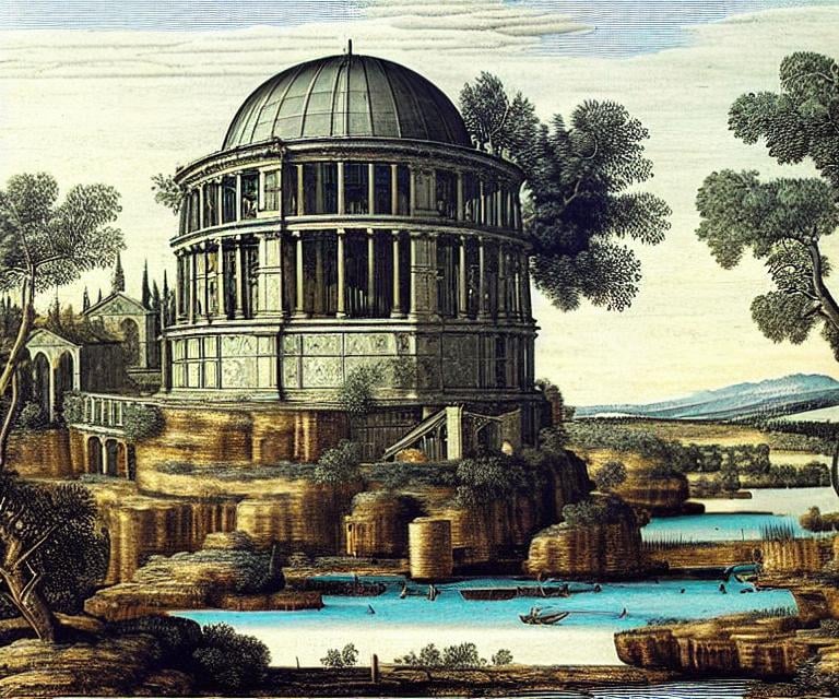 Prompt: ruined observatory landscape. hyper detailed picturesque like a woodblock color print - artwork by vittore carpaccio, giovanni battista piranesi, masterpiece, 8k, hdr, finest surface texture, covered smallest distinct looping lines, saturated, crisp quality. quantum tracing, interlaced. matte surface. linear surface. orderly, meticulous, excellent quality, clear details, distinct details, clear lines, the smallest details, extremely finest linear work, lovingly drawn details.