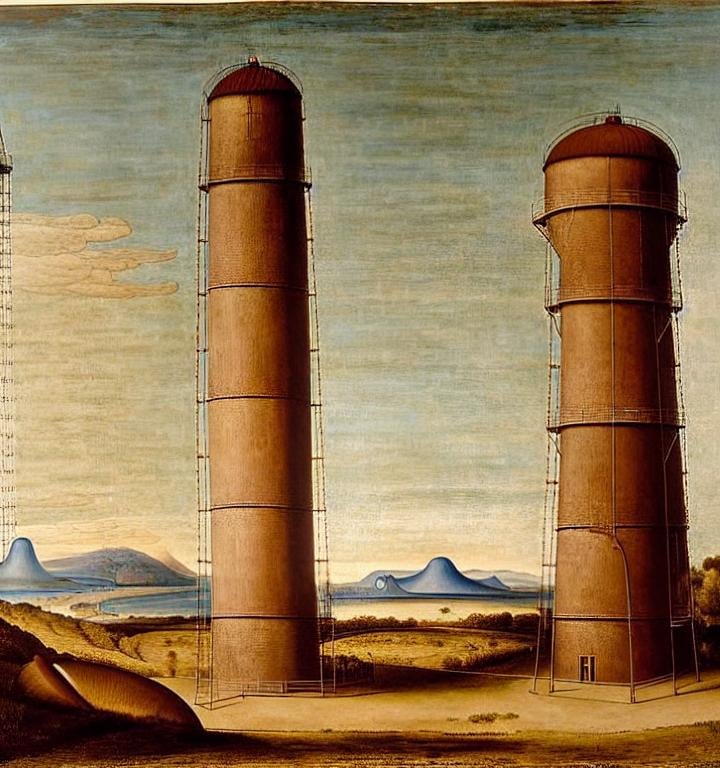 Prompt: a giant water tower in the shape of a mollusc, landscape, painting by clérisseau, mongolian painting, ernst haeckel, georges lemmen, belmiro de almeida, mughal painting, andrea del castagno, quantum tracing, composition is covered with smallest distinct looping lines, interlaced, oxide texture, rust texture, ethereal hues, extremely finest linear surface texture, textured, hdr soft diffused light, sharp focus extremely detailed fantasy intricate 8k dynamic lighting fantastic view crisp quality orderly Meticulous intricate details.