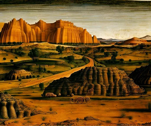 Prompt: utah landscape. vittore carpaccio, mongolian painting, ernst haeckel, georges lemmen, belmiro de almeida, mughal painting, mantegna, quantum tracing, composition is covered with smallest distinct looping lines, interlaced, oxide texture, rust texture, turtle shell texture, extremely finest linear surface texture, textured, soft diffused light, sharp focus extremely detailed fantasy intricate 8k dynamic lighting fantastic view crisp quality hdr orderly Meticulous intricate details.