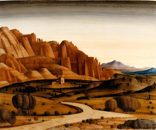 Prompt: utah landscape. vittore carpaccio, mongolian painting, ernst haeckel, georges lemmen, belmiro de almeida, mughal painting, mantegna, quantum tracing, composition is covered with smallest distinct looping lines, interlaced, oxide texture, rust texture, turtle shell texture, extremely finest linear surface texture, textured, soft diffused light, sharp focus extremely detailed fantasy intricate 8k dynamic lighting fantastic view crisp quality hdr orderly Meticulous intricate details.