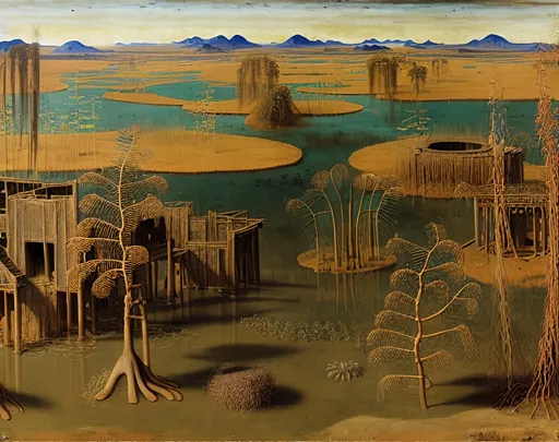 Prompt: a swamp landscape, night, phantastic ruins, vittore carpaccio, mongolian painting, ernst haeckel, belmiro de almeida, mughal painting, kanō school painting, joos de momper, quantum tracing, low contrast, composition is covered with smallest distinct looping lines, interlaced, oxide texture, rust texture,  extremely finest linear surface texture, textured, hdr soft diffused light, extremely detailed, fantasy intricate, 8k dynamic lighting fantastic view, crisp quality, orderly Meticulous intricate details, hyper-finished, very best quality, extremely finest smallest perfect details.