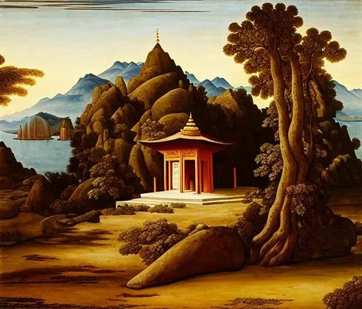 Prompt: temple on the island, overgrovn, landscape, painting by clérisseau, mongolian painting, ernst haeckel, georges lemmen, belmiro de almeida, mughal painting, andrea del castagno, quantum tracing, composition is covered with smallest distinct looping lines, interlaced, oxide texture, rust texture, ethereal hues, extremely finest linear surface texture, textured, hdr soft diffused light, sharp focus extremely detailed fantasy intricate 8k dynamic lighting fantastic view crisp quality orderly Meticulous intricate details.