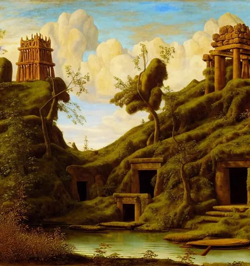 Prompt: a ruined temple on the pond island, landscape, painting by clérisseau, mongolian painting, ernst haeckel, georges lemmen, belmiro de almeida, mughal painting, agnolo bronzino, quantum tracing, composition is covered with smallest distinct looping lines, interlaced, oxide texture, rust texture, ethereal hues, extremely finest linear surface texture, textured, hdr soft diffused light, sharp focus extremely detailed fantasy intricate 8k dynamic lighting fantastic view crisp quality orderly Meticulous intricate details.