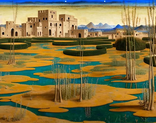 Prompt: a swamp landscape, night, phantastic ruins, antonio pisanello, mongolian painting, ernst haeckel, belmiro de almeida, mughal painting, kanō school painting, andrea mantegna, quantum tracing, low contrast, composition is covered with smallest distinct looping lines, interlaced, oxide texture, rust texture,  extremely finest linear surface texture, textured, hdr soft diffused light, extremely detailed, fantasy intricate, 8k dynamic lighting fantastic view, crisp quality, orderly Meticulous intricate details, hyper-finished, very best quality, extremely finest smallest perfect details.