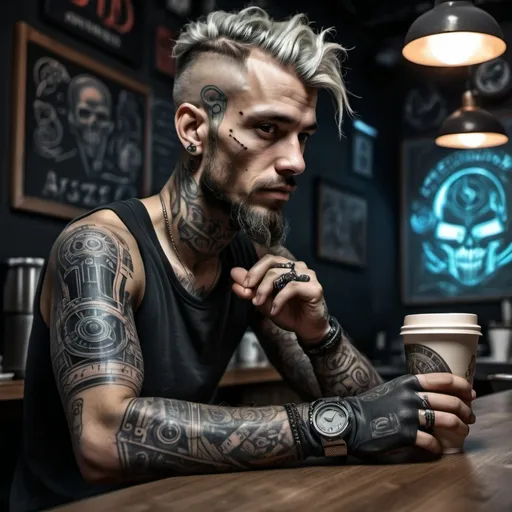 Prompt: tattoo
 cyberpunk style, man in coffee shop, highly detailed, HD, dark background