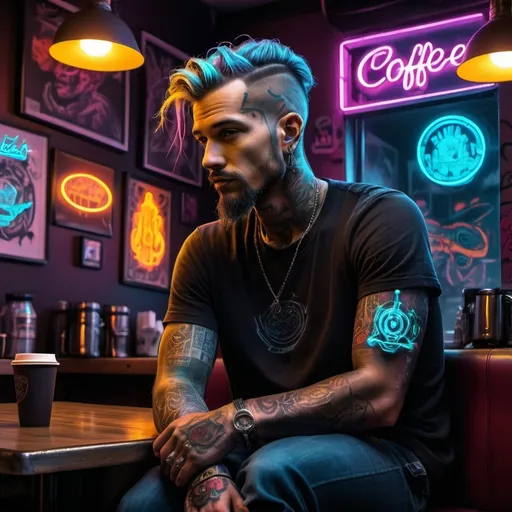 Prompt: tattoo
 cyberpunk style, man in coffee shop, highly detailed, HD, dark background